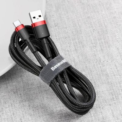 9. Baseus Cafule Cable wytrzymały nylonowy kabel przewód USB / USB-C QC3.0 2A 3M czarno-czerwony (CATKLF-U91)
