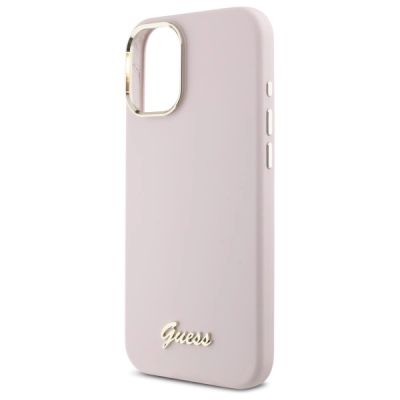 6. Etui Guess Silicone Script Metal Logo & Frame na iPhone 16 Plus - różowe