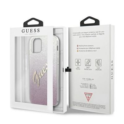 8. Etui Guess Glitter Gradient Script na iPhone 12 mini - różowe