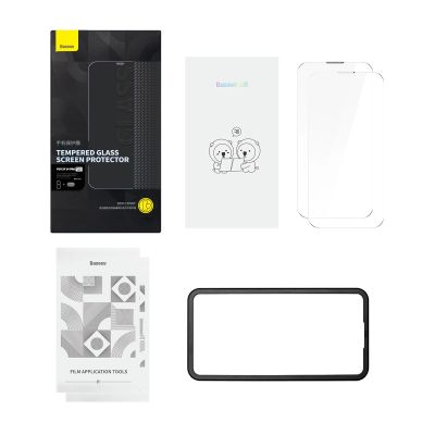 11. Baseus zestaw 2x szkło hartowane do iPhone 14 Pro na cały ekran z osłoną na głośnik 0.3mm + ramka montażowa
