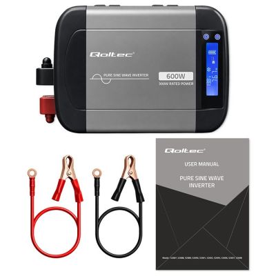 13. Qoltec Przetwornica napięcia Pure Sine Wave | 12V na 230V | 300/600W | LCD | USB | USB-C | Kompatybilna z LiFePO4 GEL AGM