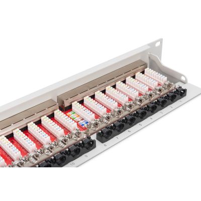 5. Digitus Panel krosowy (patch panel) 19'' 24x RJ45, LSA poziom, kat.6A, ekranowany, 1U, szary, prowadnica kabli