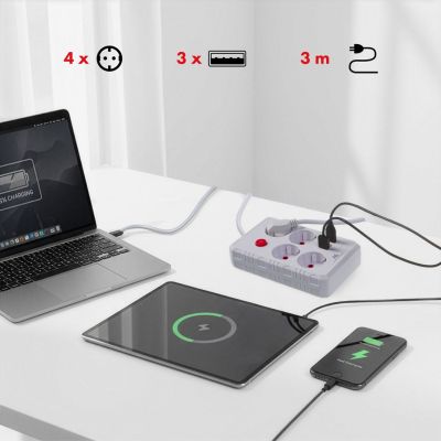 8. MACLEAN LISTWA ZASILAJĄCA, PRZEDŁUŻACZ 4 GNIAZDA + 3XUSB, 110-240V AC 50/60HZ, 2.1A MAX 2500W, 3M, BIAŁA MCE393 W