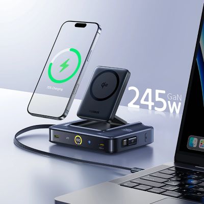 7. Stacja ładująca Baseus Nomos NH21 6w1 245W bezprzewodowa z dwoma zwijanymi kablami USB-C - czarna