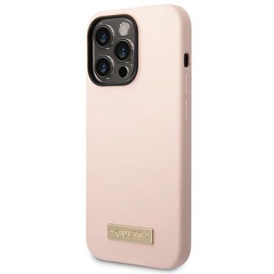 2. Etui Guess Silicone Logo Plate MagSafe na iPhone 14 Pro - różowe