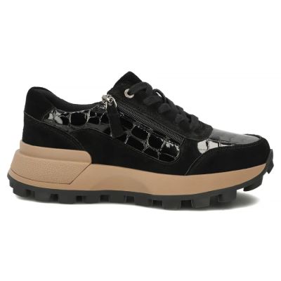 2. Skórzane sneakersy damskie na koturnie lakierowane czarne Filippo DP7988
