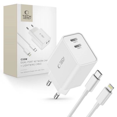 Ładowarka Tech-Protect C35W sieciowa 2x USB-C PD 35W z kablem USB-C / Lightning - biała