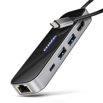17. AXAGON HMC-6GLN Hub USB, 2x USB-A, 1x USB-C, 1x HDMI 2.0, 1x RJ45, 100 W PD – srebrny