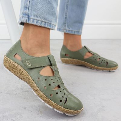 8. Półbuty damskie na rzep komfortowe ażurowe zielone Rieker 44852-52