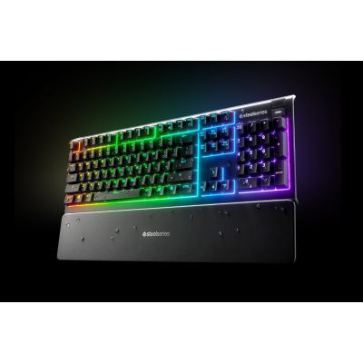 4. SteelSeries Apex 3 Gaming Keyboard, US Layout, Wired, Black SteelSeries Apex 3  Gaming keyboard IP32 water resistant for protection against spills, Customizable 10-zone RGB illumination reacts to games and Discord, Whisper quiet gaming switches last