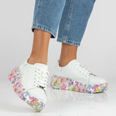 2. Skórzane półbuty sneakersy na platformie w kwiaty białe Filippo DP7507
