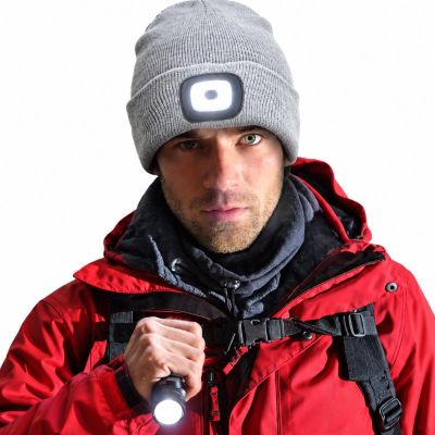 6. CZAPKA Z LATARKĄ CZOŁOWĄ 4 LED 120 LM 3 TRYBY TURYSTYCZNA SZARA