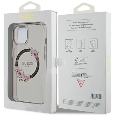 8. Etui Guess IML Flowers Wreath MagSafe na iPhone 15 / 14 / 13 - czarne