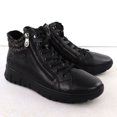 7. Skórzane wodoodporne botki damskie na podwyższeniu czarne Rieker N1305-00