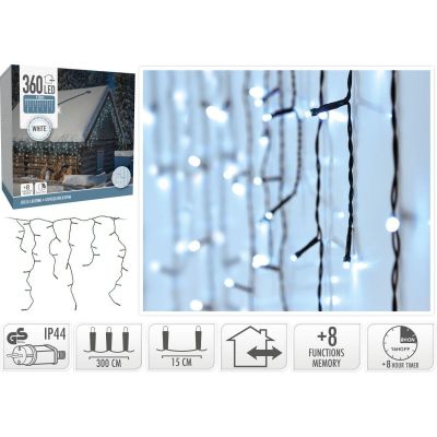 16. LAMPKI CHOINKOWE KURTYNA ŚWIETLNA ZEW 360 LED STEROWNIK TIMER ZIMNY BIAŁY KABEL TRANSPARENTNY