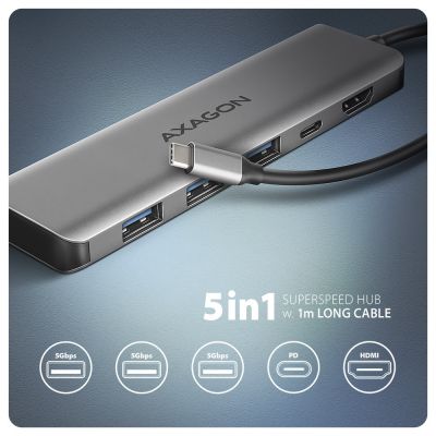 2. Axagon HMC-5H USB-C 3.2 Gen 1 hub 3x USB-A 4K HDMI PD 100W - Silber Przewodowa USB 3.2 Gen 1 (3.1 Gen 1) Type-C Srebrny