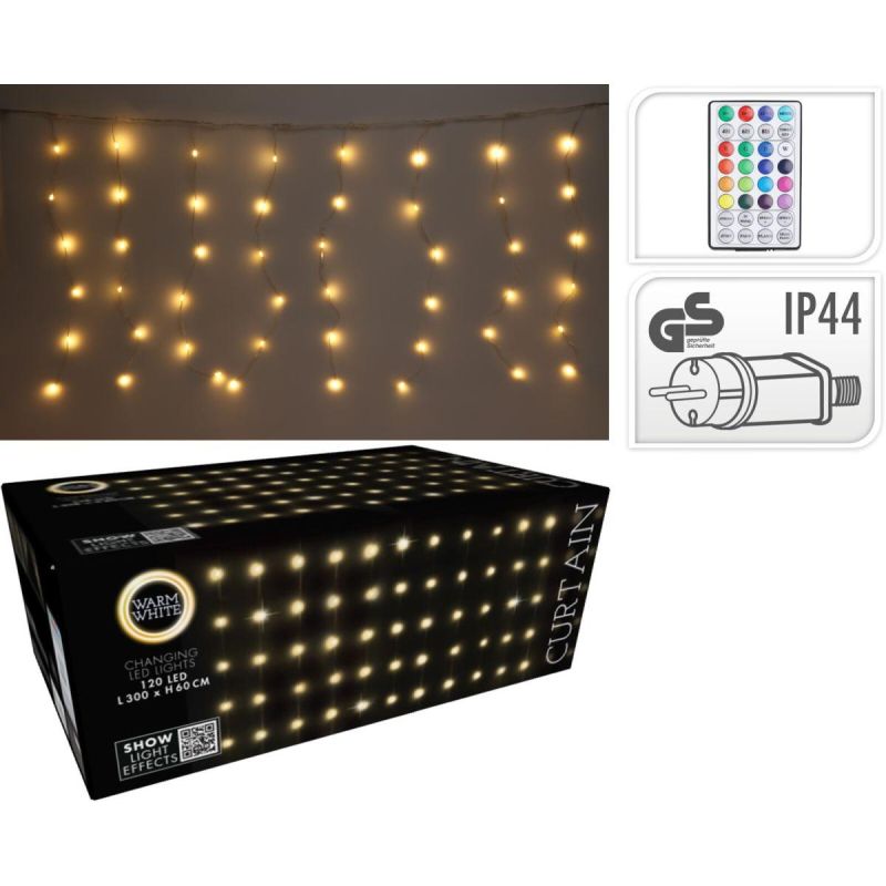 28. LAMPKI CHOINKOWE KURTYNA ŚWIETLNA ZEW/WEW 120 LED 300X60CM Z PILOTEM CIEPŁY BIAŁY