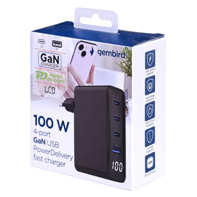 5. GEMBIRD 4-PORTOWA SZYBKA ŁADOWARKA SIECIOWA GAN (PD) USB (3X USB-A + 1X USB TYP-C) 100W, CZARNA