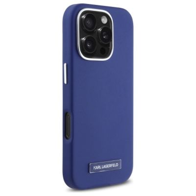 4. Etui Karl Lagerfeld FW Metal Plate MagSafe na iPhone 16 Pro - niebieskie