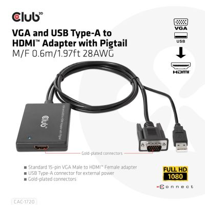 3. CLUB3D CAC-1720 adapter kablowy 0,6 m HDMI Typu A (Standard) VGA (D-Sub) + USB Czarny