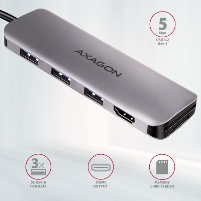 2. Axagon HMC-HCR3A 3x USB-A+ HDMI+ SD/microSD USB-C 3.2 Gen 1 hub 20cm Przewodowa USB 3.2 Gen 1 (3.1 Gen 1) Type-C Szary