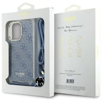 7. Etui Guess Crossbody Cord 4G Print ze smyczą na iPhone 16 Pro - niebieskie