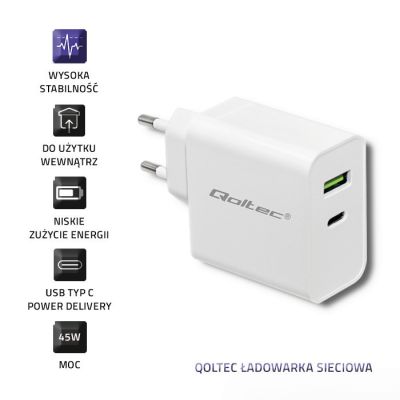 6. QOLTEC ŁADOWARKA SIECIOWA 45W | 5-20V | 2.4-3A | USB TYP C PD | USB | BIAŁA