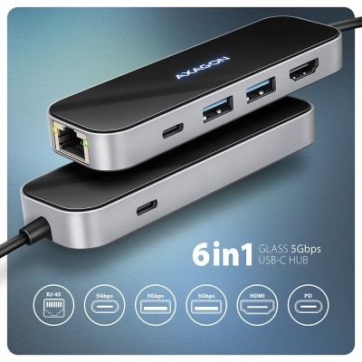 4. AXAGON HMC-6GLN Hub USB, 2x USB-A, 1x USB-C, 1x HDMI 2.0, 1x RJ45, 100 W PD – srebrny