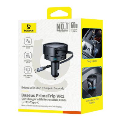 3. Ładowarka samochodowa Baseus PrimeTrip VR1 60W USB-A USB-C ze zwijanym kablem USB-C - czarna