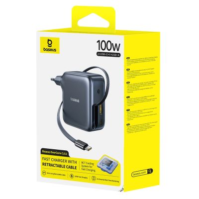 4. Ładowarka sieciowa Baseus EnerCore CJ11 100W z portami USB-A oraz USB-C i ze zwijanym kablem USB-C - czarna