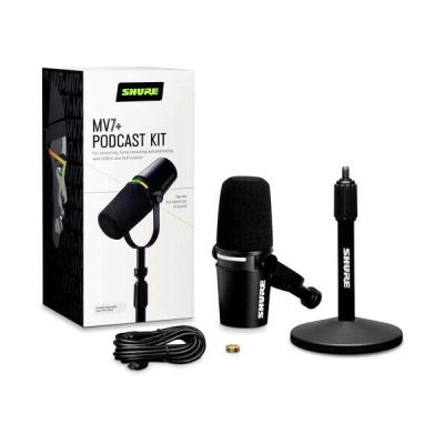 5. Shure MV7+-K-BNDL - Mikrofon lektorski/wokalny ze złączem XLR/USB-C Czarny + statyw biurkowy GATOR