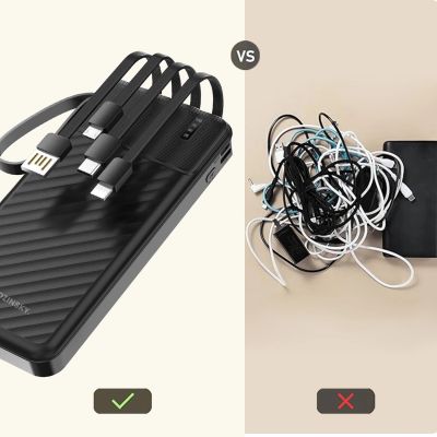 5. Powerbank Wozinsky W11-B 10000mAh 10W z wbudowanymi kablami i latarką - czarny