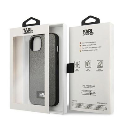 8. Etui Karl Lagerfeld Saffiano Plaque na iPhone 13 mini - srebrne