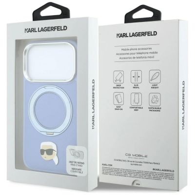 8. Etui Karl Lagerfeld with Ring Stand 360 Karl Head Pin MagSafe na iPhone 18 Pro / 17 Pro - jasnoniebieskie