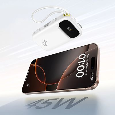 6. Powerbank Baseus EnerFill FC31 Qpow 3 10000mAh 45W z wyświetlaczem cyfrowym z kablami USB-C i Lightning - biały