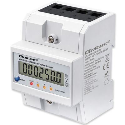 13. Qoltec 50980 Trójfazowy elektroniczny licznik z resetem | miernik zużycia energii na szynę DIN | 400V | 100A | LCD | LED | 4P