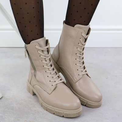 7. Skórzane wodoodporne botki damskie workery beżowe Rieker Remonte  D2S72-60