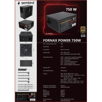 14. GEMBIRD ZASILACZ KOMPUTEROWY FORNAX POWER 750W 80+ GOLD ATX, 750W, AKTYWNE PFC, 12CM WENTYLATOR
