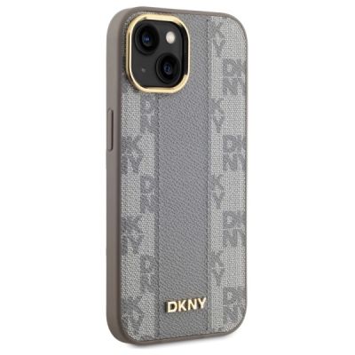 4. Etui DKNY Leather Checkered Mono Pattern MagSafe na iPhone 15 Plus - beżowe
