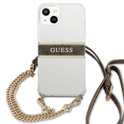 3. Etui Guess 4G Brown Strap Gold Chain na iPhone 13 mini - przezroczyste