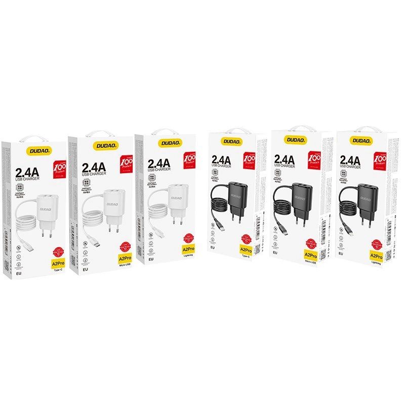 3. Dudao ładowarka sieciowa 2x USB z wbudowanym kablem Lightning 12 W czarny (A2ProL black)