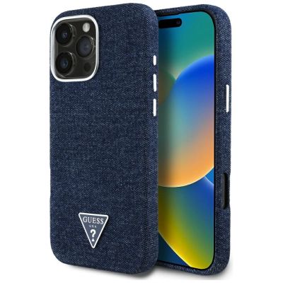 Etui Guess Denim Triangle Logo MagSafe na iPhone 16 Pro Max - niebieskie