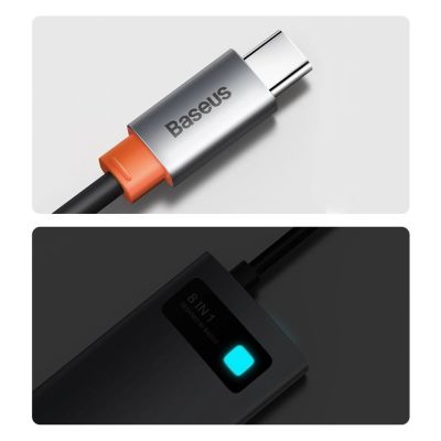 23. Hub Baseus Metal Gleam 8w1 USB-C - USB-C PD 100W 1x HDMI 4K 30Hz 1x czytnik kart SD i microSD 3x USB-A 3.2 1xRJ45 - szary