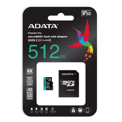 4. ADATA Premier Pro 512 GB UHS1 U3 V30 A2 + adapter