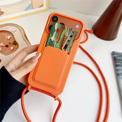 2. Etui na iPhone 17 Pro / 18 Pro silikonowe z kieszenią na kartę i paskiem Crossbody - pomarańczowe