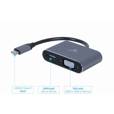 2. GEMBIRD ADAPTER USB TYPU C NA HDMI + VGA NA KABLU SZARY