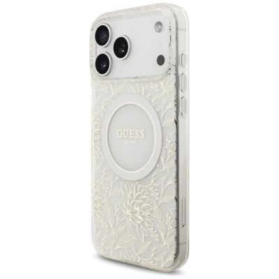 3. Etui Guess IML Flowers Electro Pearl Strap MagSafe na iPhone 17 Pro Max - białe