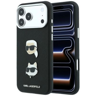 Etui Karl Lagerfeld Saffiano with Karl & Choupette Heads Pins & Logo na iPhone 18 Pro Max / 17 Pro Max - czarne