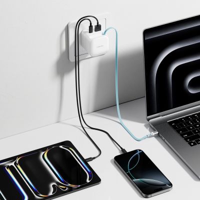6. Ładowarka sieciowa Cuktech AD653W 67 W GaN 2x USB-C + USB-A ze zwijanym kablem USB-C 70 cm - biała