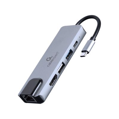 3. GEMBIRD MULTI ADAPTER USB TYP-C 5W1 (HUB + HDMI + PD + CZYTNIK KART + LAN) SREBRNY